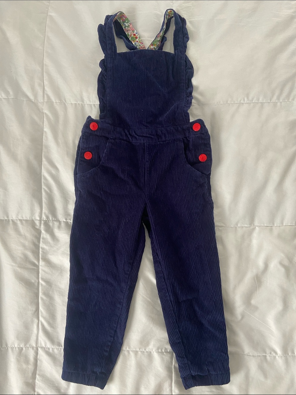 Mini Boden Navy Corduroy Overalls with Red Buttons 3-4 years